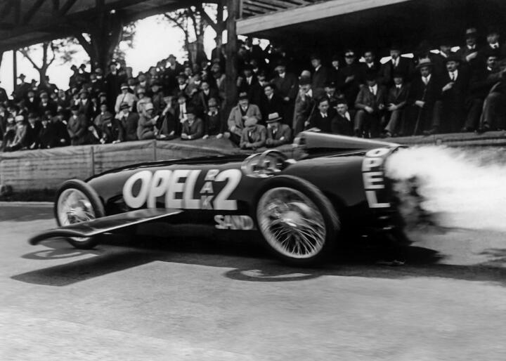 During his neck-breaking run on the Avus racetrack, 24 solid-fuel rockets were b ...