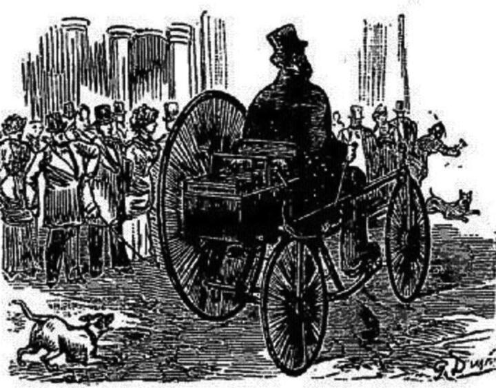 1881Dieses Trike – zwei kleine Räder rechts, ein großes links – gilt als das „Ur ...
